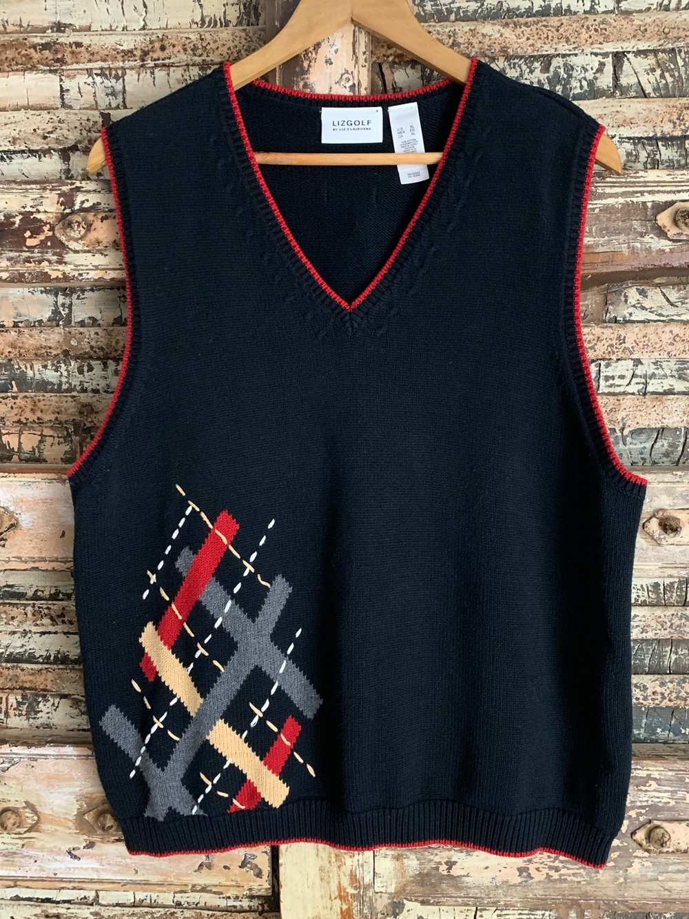 VTG 90s LizGolf Navy V-Neck Argyle Knit Cotton Sweater Vest Liz Claiborne, XL